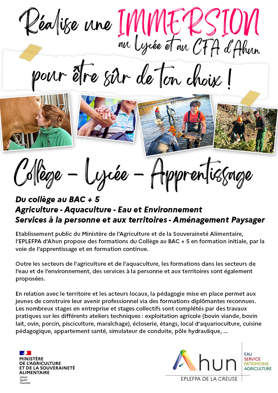 Journée d'IMMERSION au Lycée Agricole d'Ahun. Collège, Lycée, CFA. Toutes les dates des journées d'immersion pour l'année 2024 / 2025.
