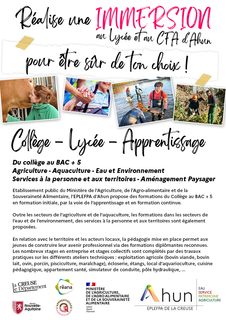 Journée d'IMMERSION au Lycée Agricole d'Ahun. Collège, Lycée, CFA. Toutes les dates des journées d'immersion pour l'année 2025 / 2026